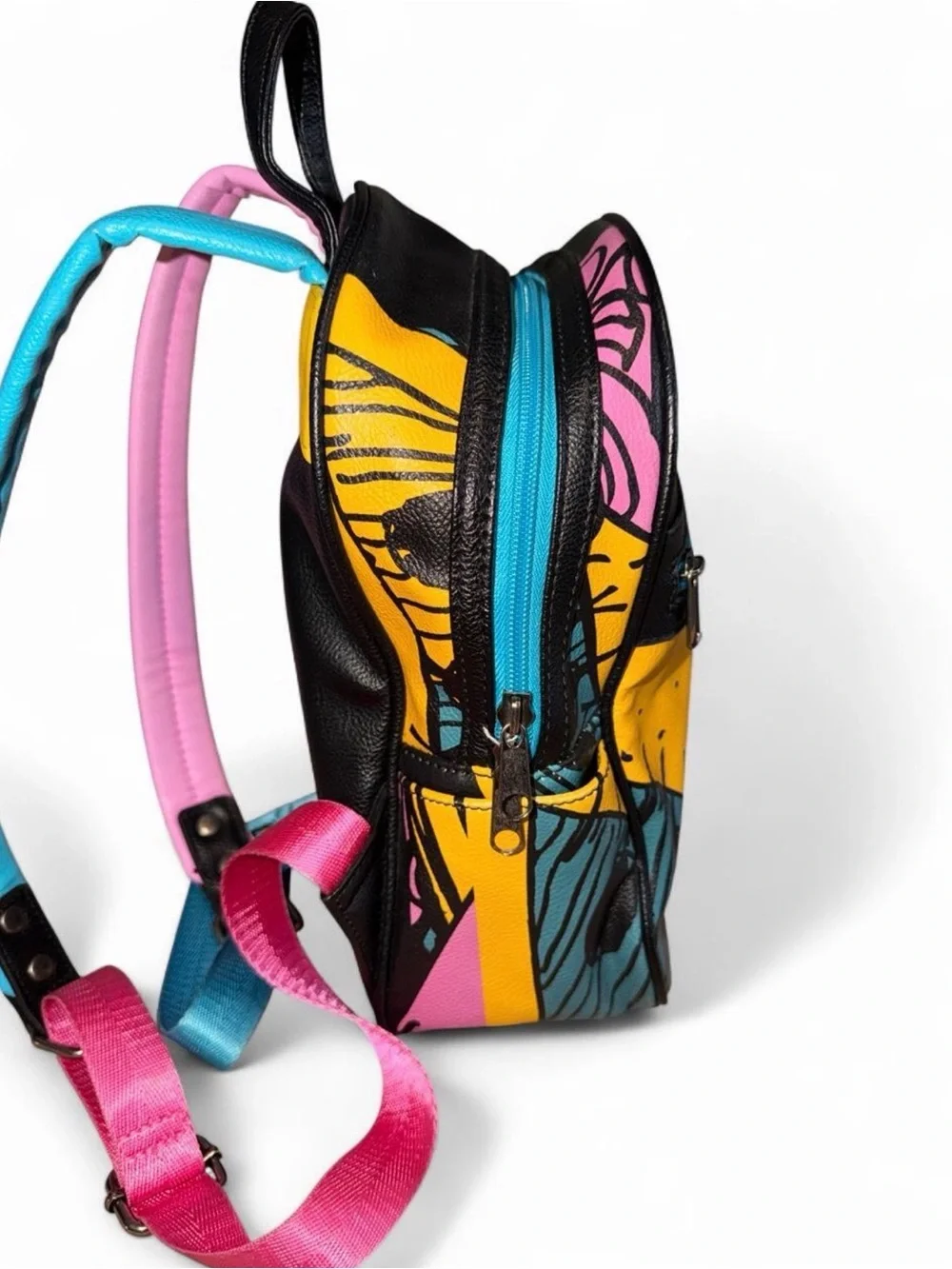 Disney Mini Backpack with Black, Pink, Yellow, Teal Patchwork Design